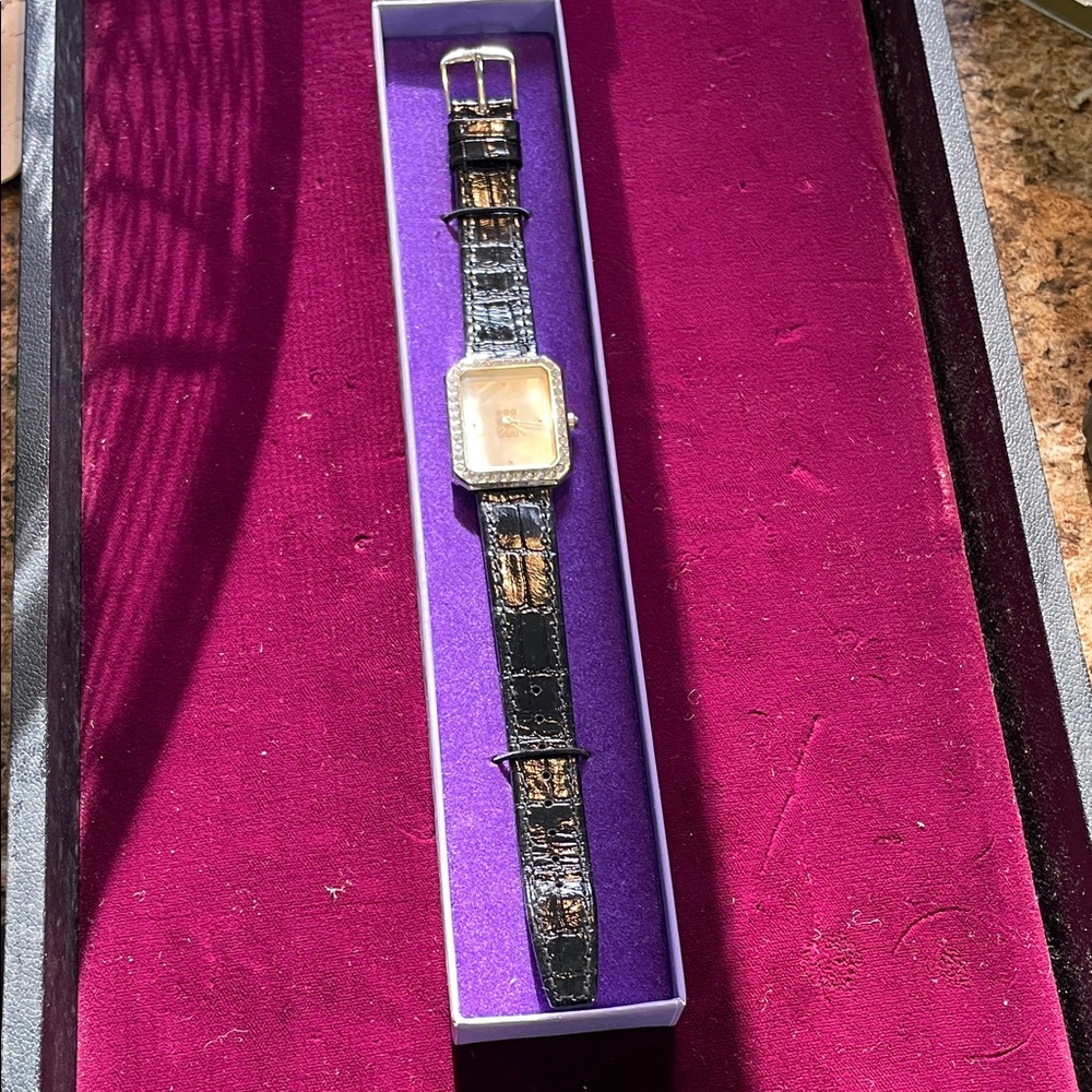 Womens Rhinestone Watch Mother of Pearl Face Black Alligator Band